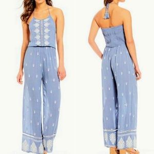 Chelsea & violet halter blue embroidered jumpsuit
